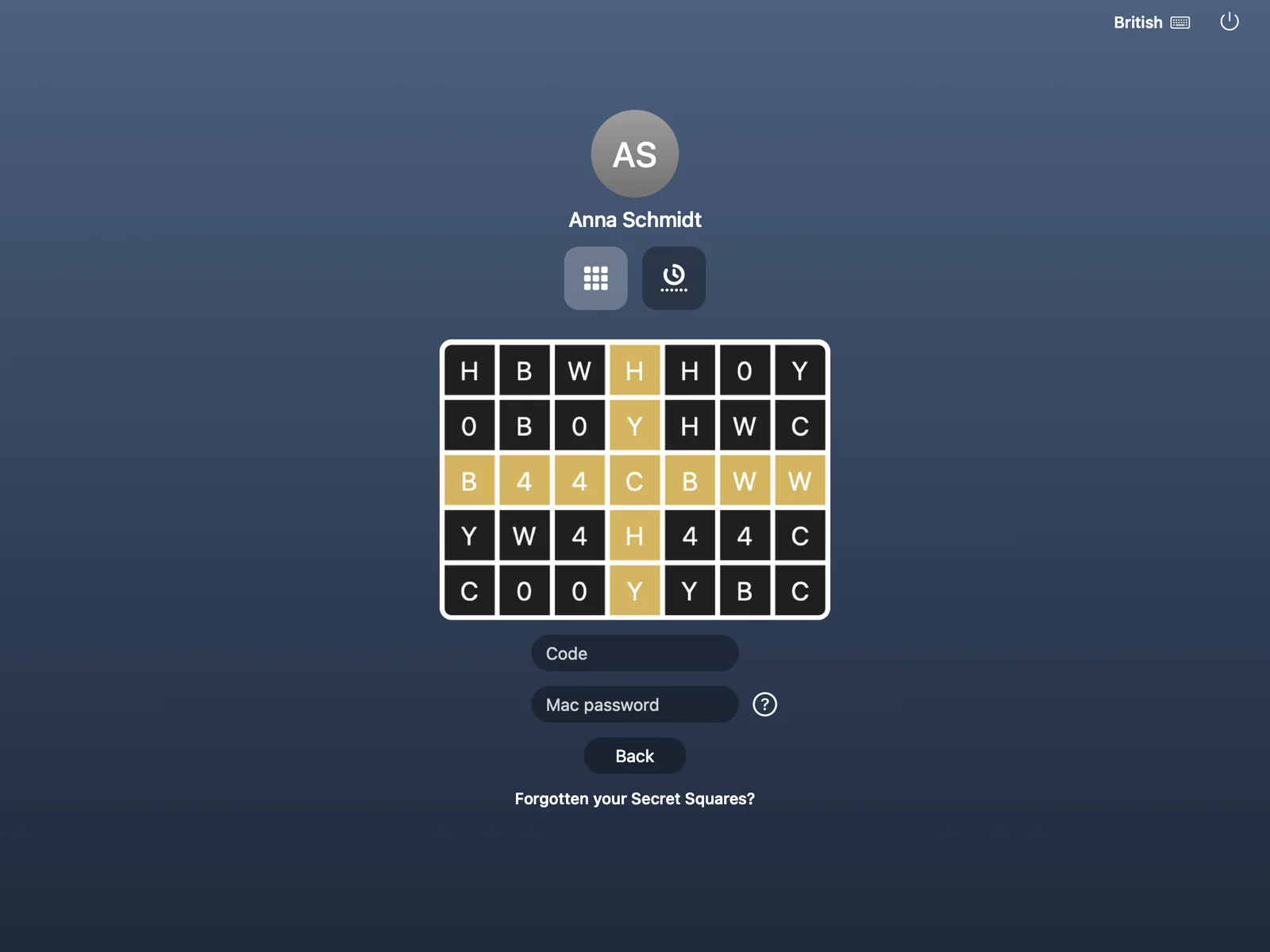 Mac login window with two sign-in method icons, Secret Squares and authenticator app, above the grid.