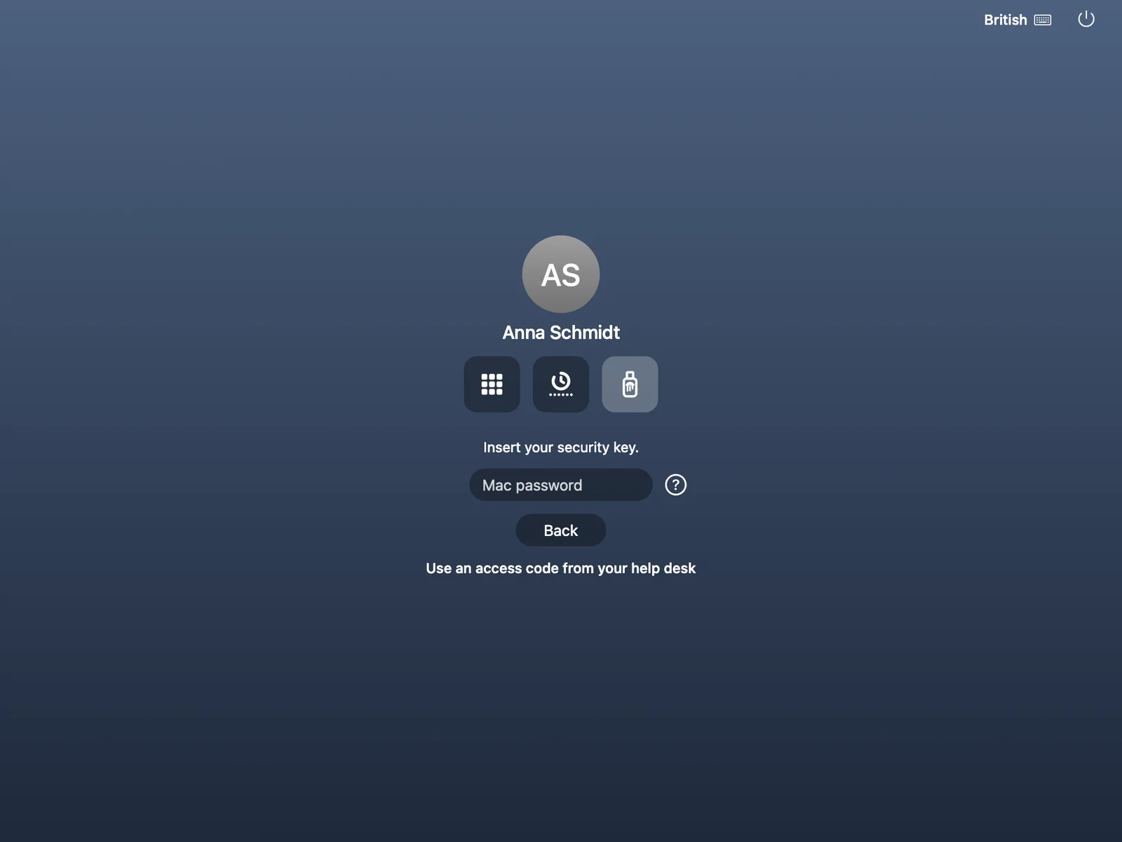 Mac login window with three method icons and the security key selected, prompting to insert the key.