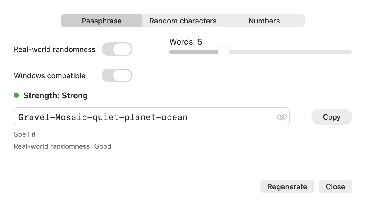 Password generator window showing a generated passphrase, a Strong rating, word count slider and Copy button.