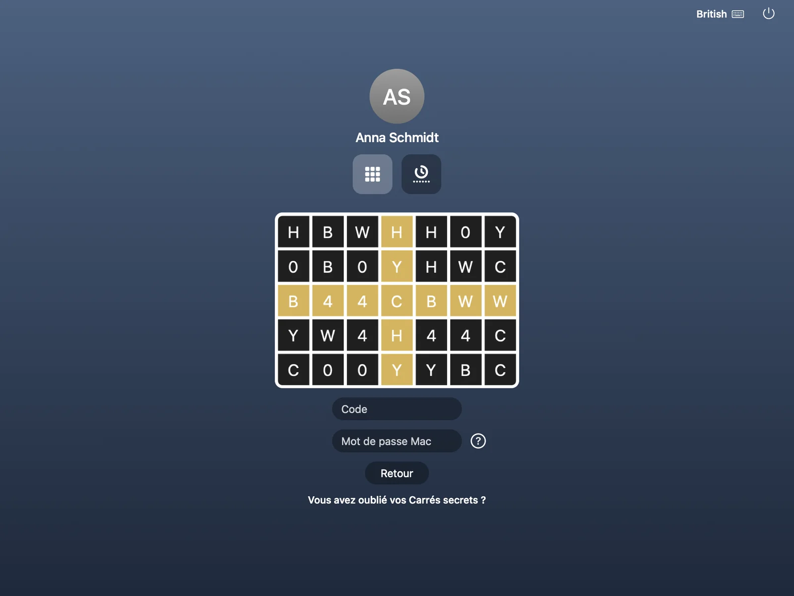Fenêtre de connexion du Mac avec deux icônes de méthode, Carrés secrets et app d'authentification, au-dessus de la grille.