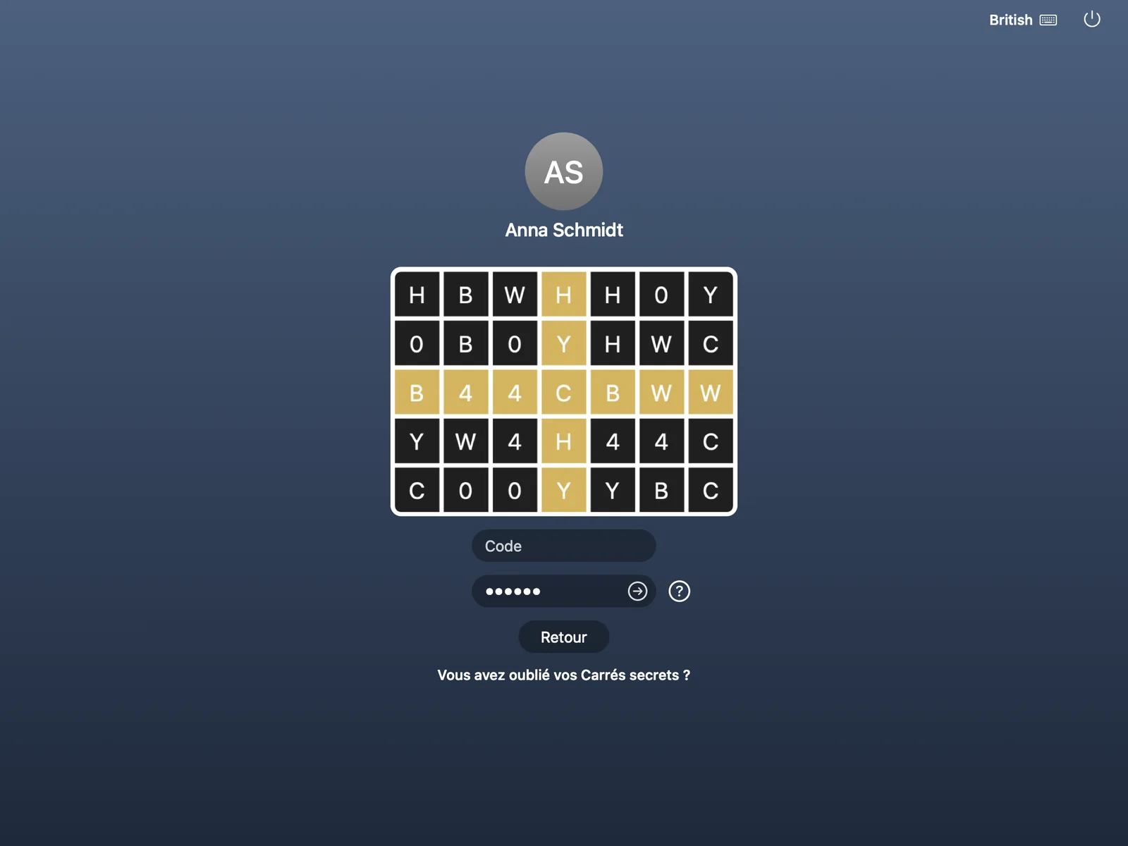 Fenêtre de connexion du Mac avec une grille de carrés lettrés, un champ de code et un champ de mot de passe Mac avec flèche de validation.
