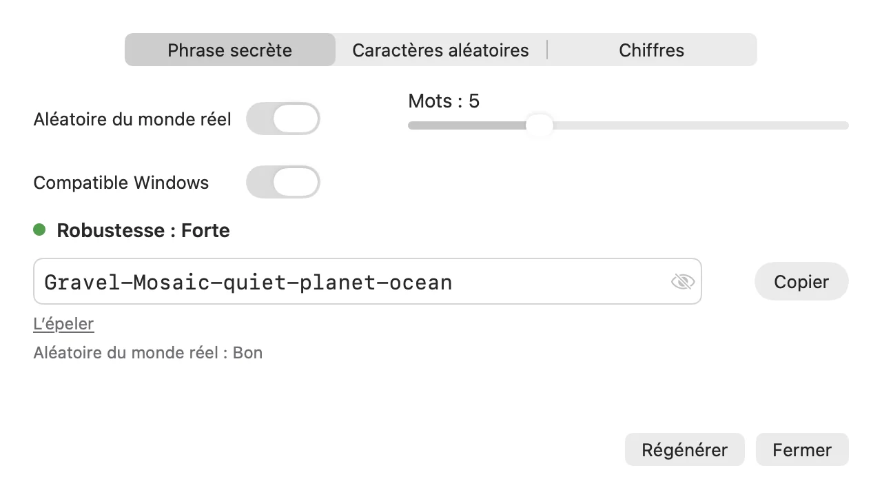 Générateur de mots de passe affichant une phrase secrète générée, une évaluation de robustesse, un curseur de mots et un bouton Copier.