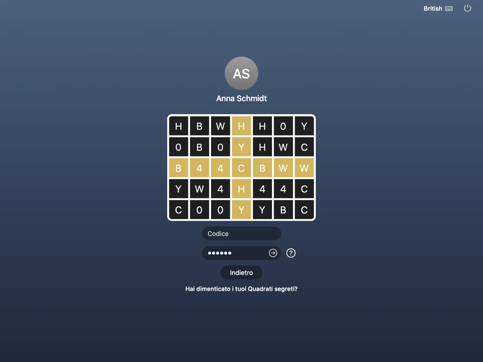 Finestra di accesso del Mac con una griglia di quadrati con lettere, un campo codice e un campo password del Mac con freccia di conferma.