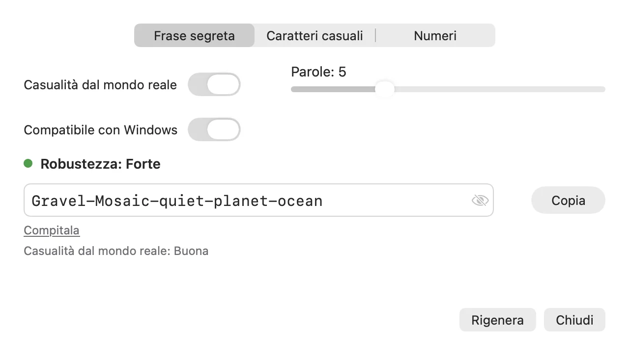 Generatore di password con una frase segreta generata, una valutazione di robustezza, un cursore delle parole e il pulsante Copia.
