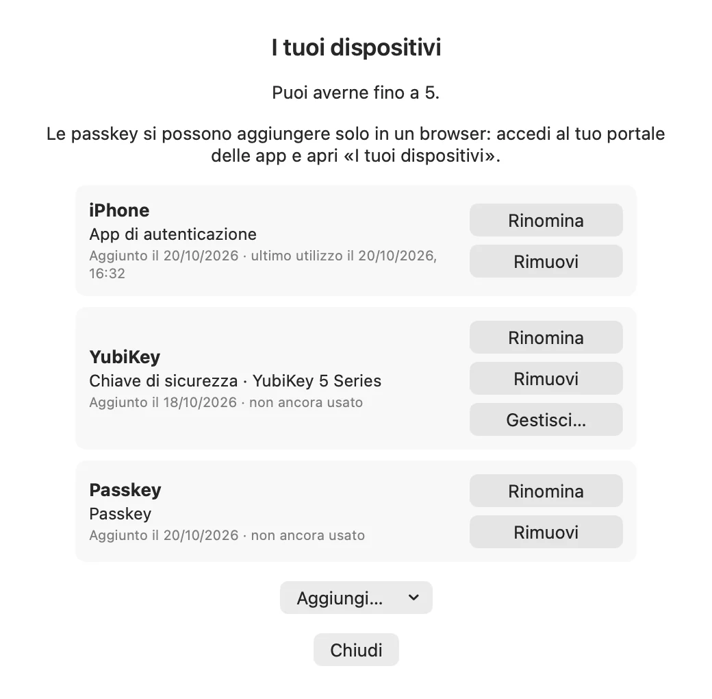 Finestra I tuoi dispositivi con un'app di autenticazione, una chiave di sicurezza e una passkey, ciascuna con i pulsanti Rinomina e Rimuovi.