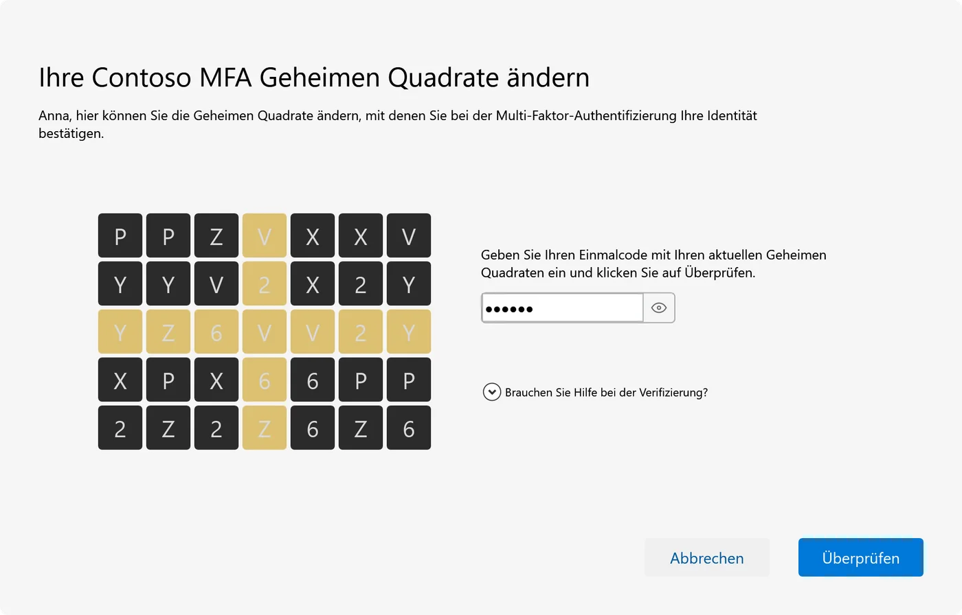 Das Fenster zum Ändern der Geheimen Quadrate: Zuerst wird ein Einmalcode verlangt, der mit den aktuellen Geheimen Quadraten aus dem Raster entsteht.