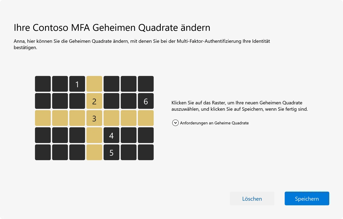Das Fenster zum Festlegen der Geheimen Quadrate: ein Raster, auf dem die Quadrate in der gewählten Reihenfolge von 1 bis 6 nummeriert sind, mit den Schaltflächen Leeren und Speichern.