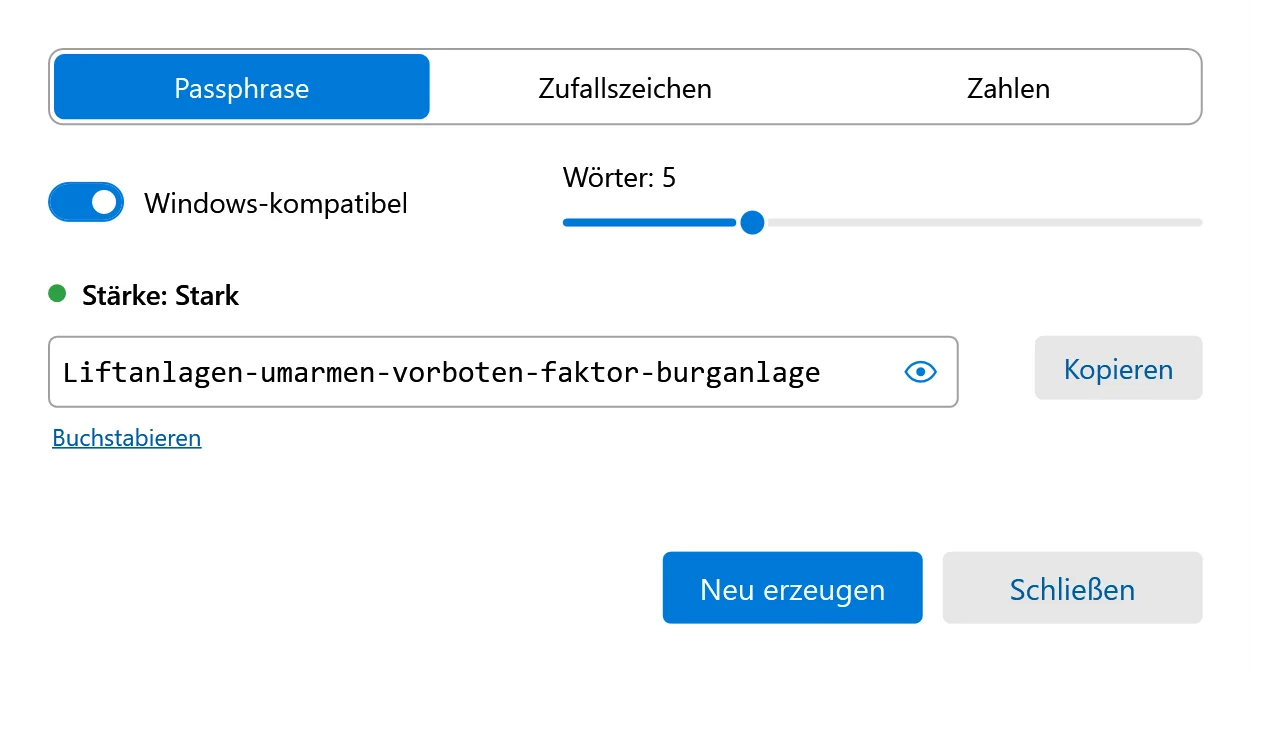 Der Passwort-Generator mit Passphrase, Zufallszeichen und Zahlen, einer Stärkeanzeige, der erzeugten Passphrase und den Schaltflächen Kopieren und Neu erzeugen.