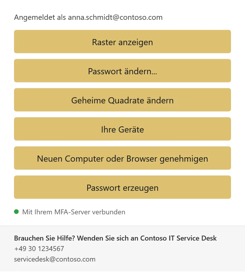 Das Twin-Verify-Menü im Windows-Infobereich mit den Einträgen Raster anzeigen, Passwort ändern, Geheime Quadrate ändern, Ihre Geräte, Neuen Computer oder Browser genehmigen und Passwort erzeugen, darunter die Angaben zum Help-Desk.