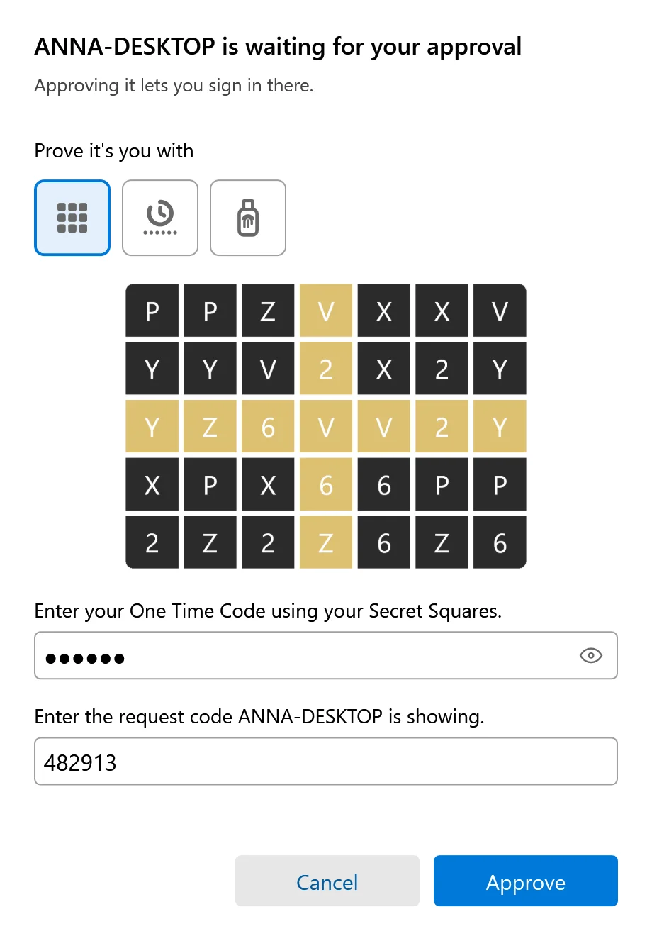 The window for approving a new computer: three method buttons, the grid, a field for the one-time code and a field for the request code the new computer shows.