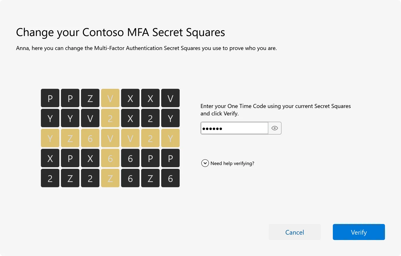 The window for changing Secret Squares, asking for a one-time code made with the current Secret Squares from the grid.
