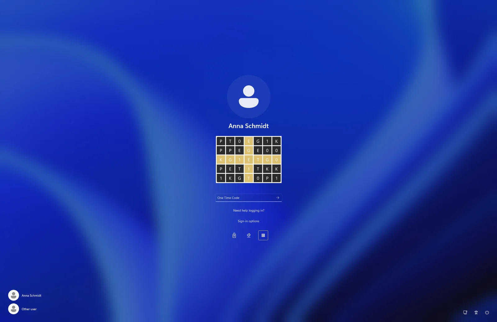 Windows-Anmeldebildschirm mit dem Raster der Geheimen Quadrate, einem Code-Feld und dem Passwort-Feld