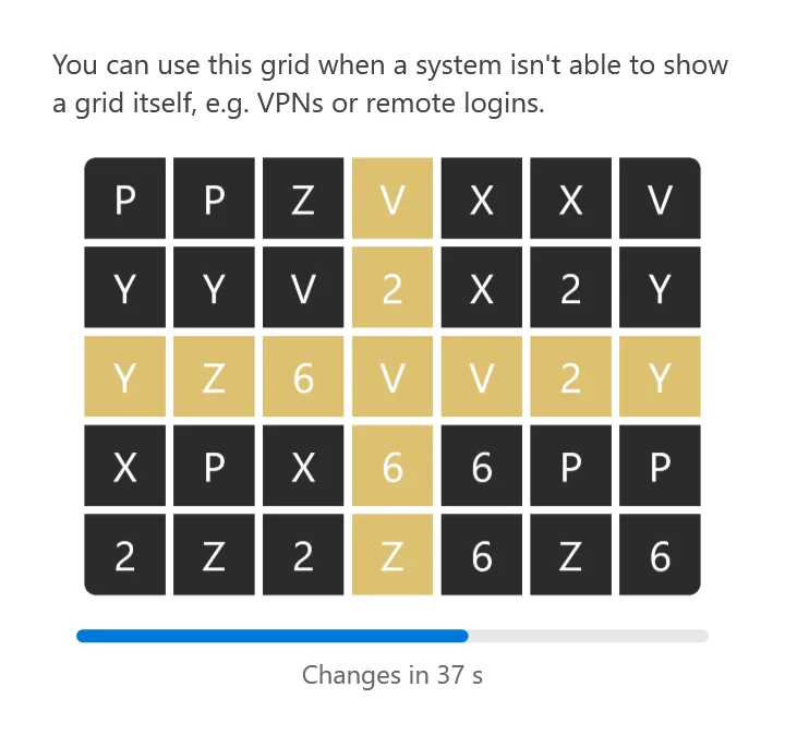 The Show grid window: a grid of letters and numbers on dark squares with a gold cross, and a bar counting down to the next change.