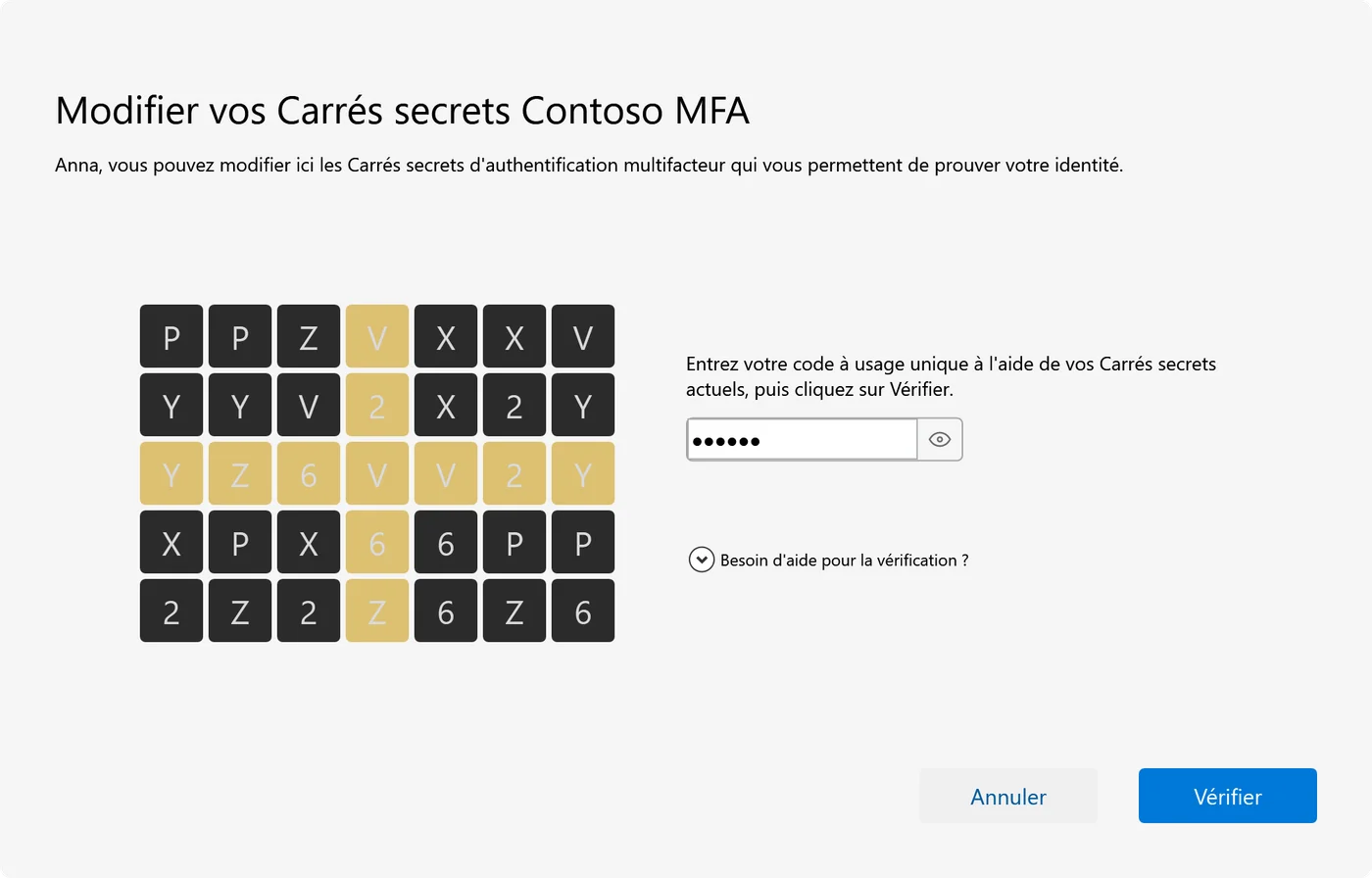La fenêtre de modification des Carrés secrets : elle demande d’abord un code à usage unique formé avec les Carrés secrets actuels à partir de la grille.