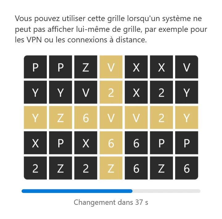 La fenêtre Afficher la grille : une grille de lettres et de chiffres sur des carrés sombres avec une croix dorée, et une barre qui décompte jusqu’au prochain changement.