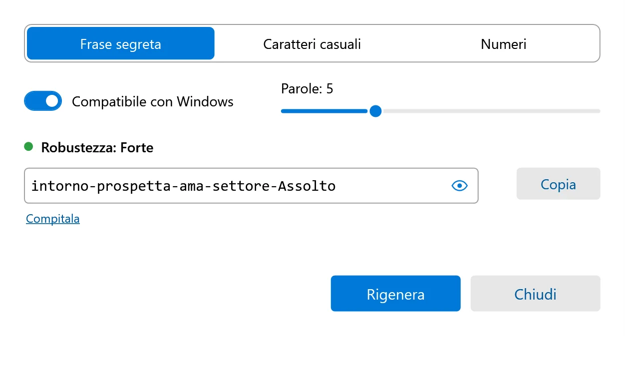Il generatore di password con Frase segreta, Caratteri casuali e Numeri, un indicatore di robustezza, la frase generata e i pulsanti Copia e Rigenera.