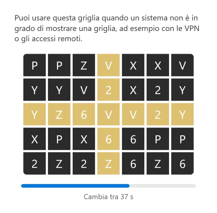 La finestra Mostra griglia: una griglia di lettere e numeri su quadrati scuri con una croce dorata e una barra che conta alla rovescia fino al prossimo cambio.